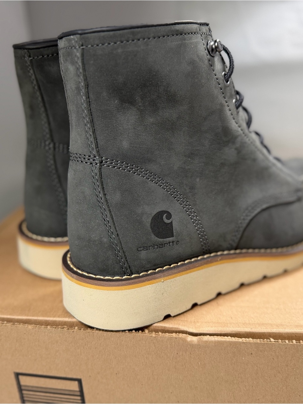NWB Carhartt FW6027-W Charcoal Leather Moc Toe Wedge Boots Womens 9.5 M Mens 8